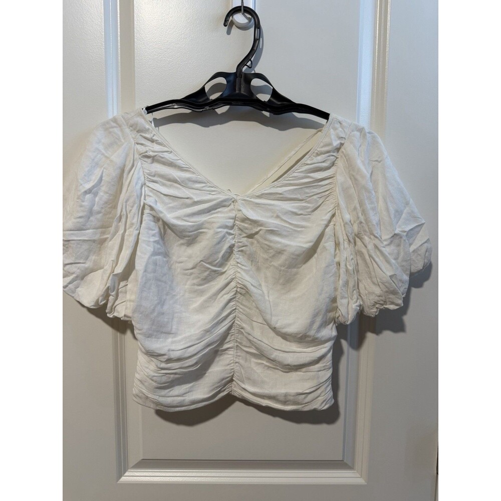 Anthropologie Pilcro Ruched Puff Sleeve Top XXS White Linen Blend Smocked